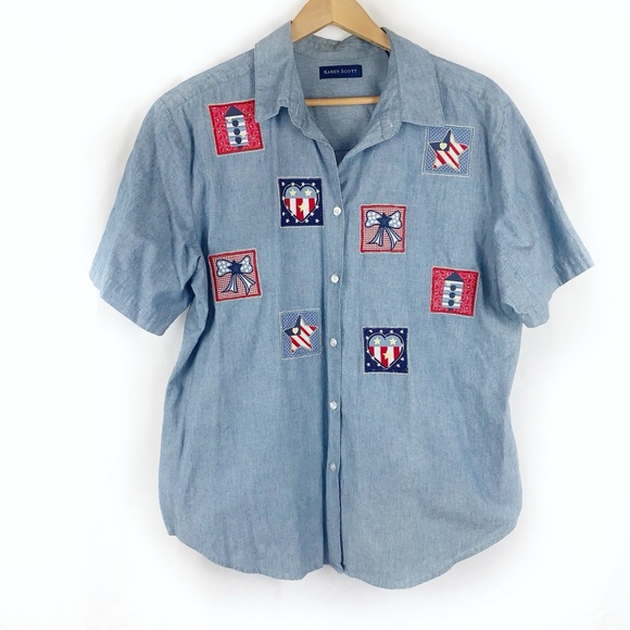 VTG Karen Scott Chambray Button Down Patriotic Patches - Picture 1 of 6